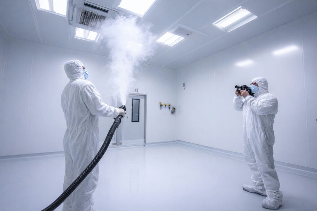 person performing smoke test in cleanroom while the other documents the airflow