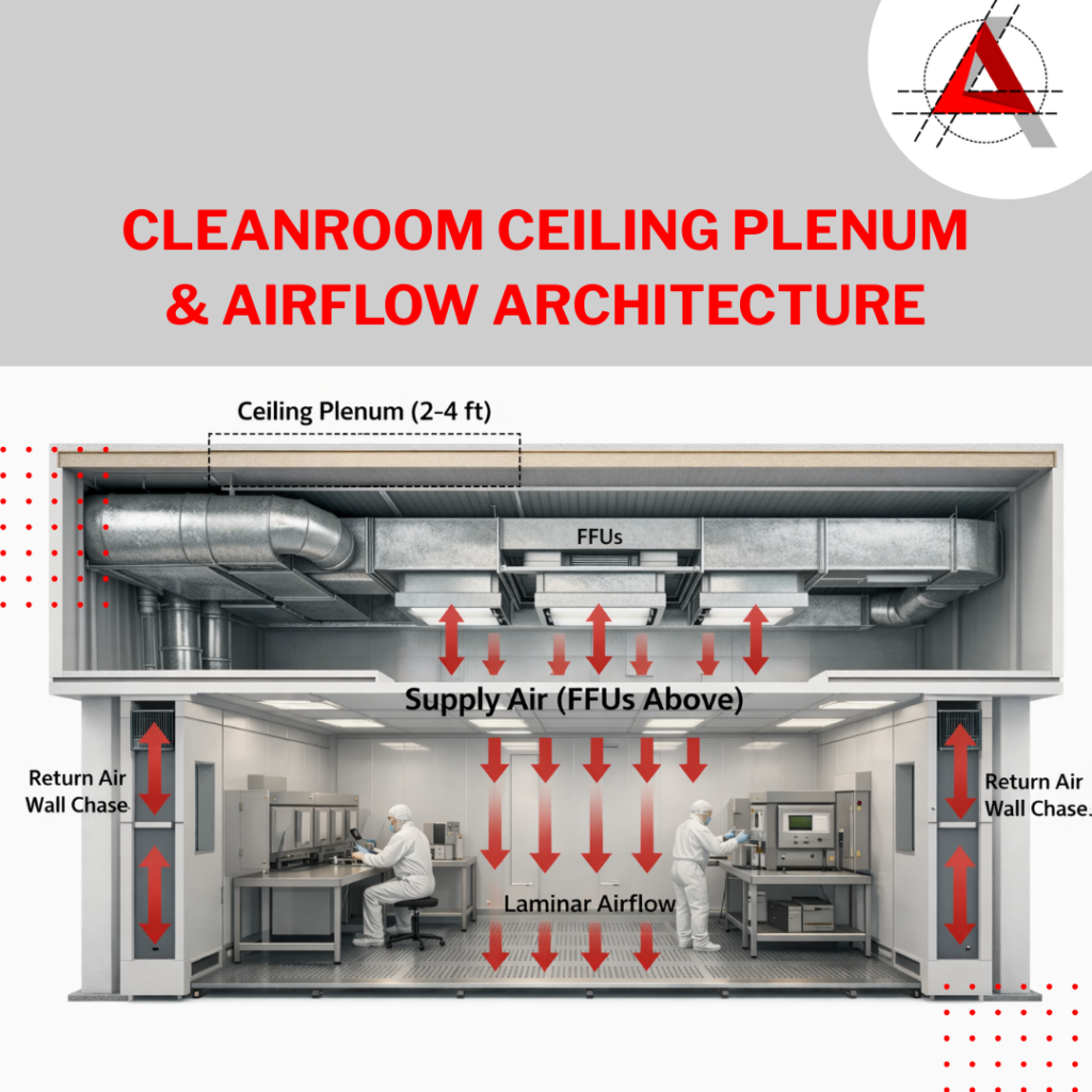Cleanroom ceiling plenum and airflow architecture diagram showing FFUs, laminar airflow, and return air wall chases.