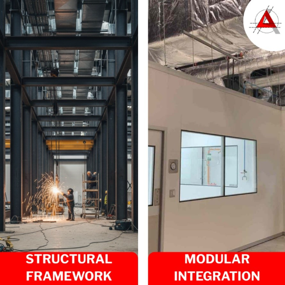 Laminar airflow system integrated with cleanroom structural integrity components.