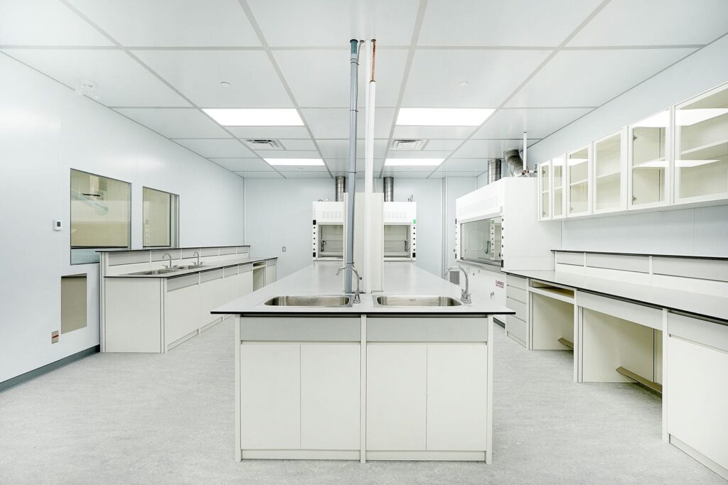 Cleanroom laboratory with fume hoods, stainless steel sinks, smooth wall panels, and integrated casework.