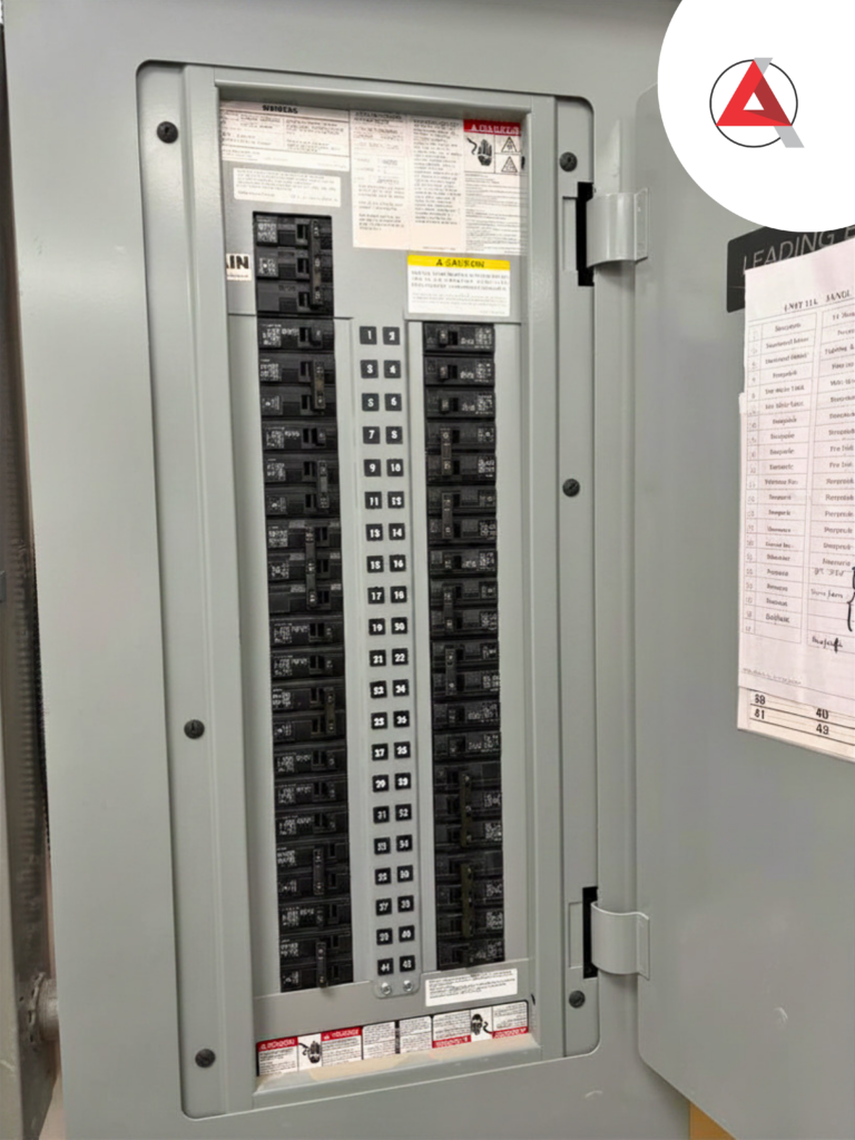 Close-up of integrated electrical panels and specialized utility wiring frameworks for supporting AI-ready GPU server clusters.