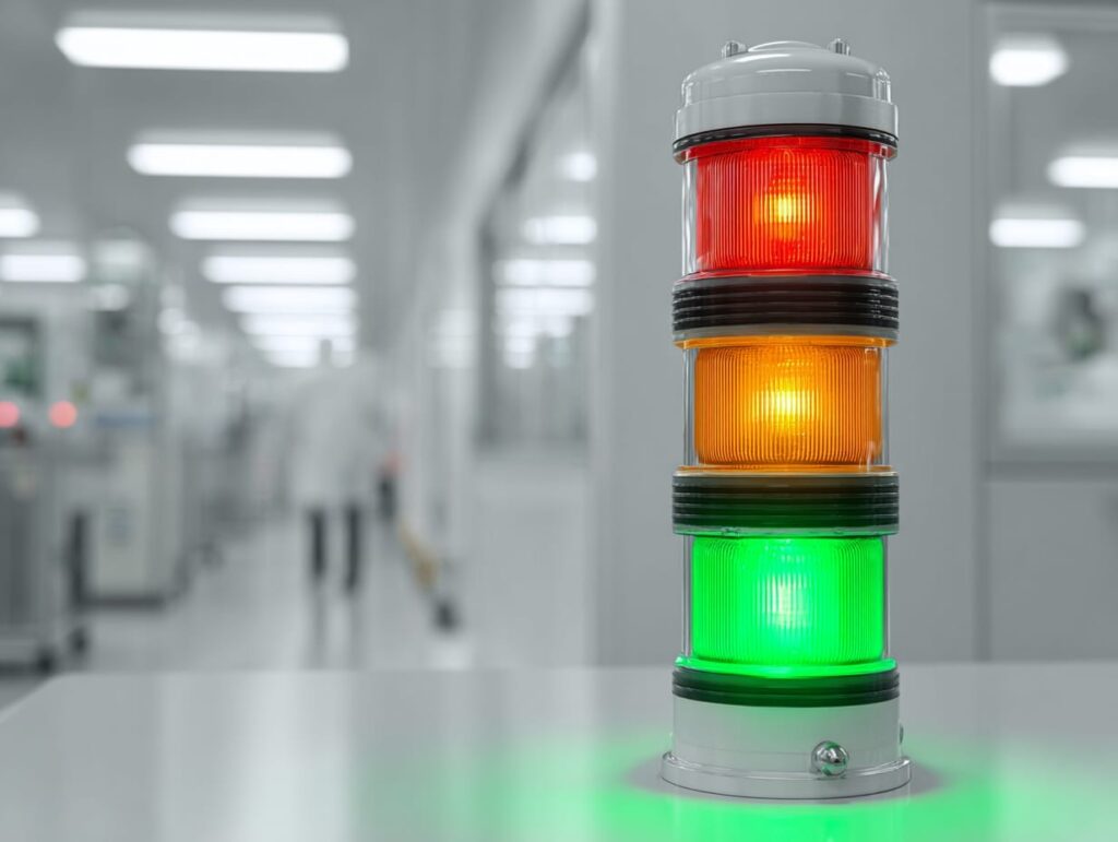 Cleanroom stack light showing green operating status as part of BMS alarm strategy