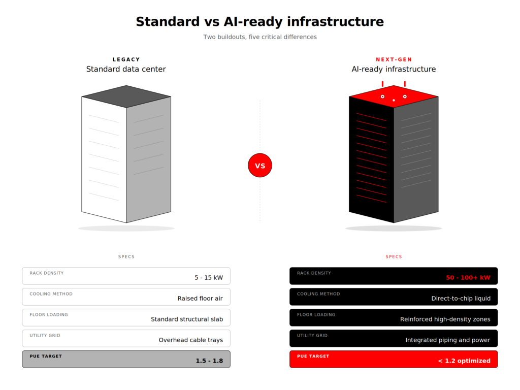 Isometric 3D comparison of a standard air-cooled data center versus a high-density liquid-cooled AI infrastructure integrated by ACH Solutions.