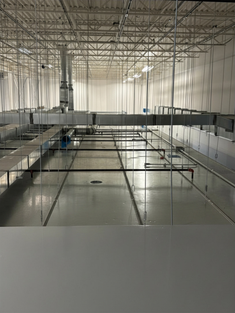 Cleanroom ductwork and mechanical systems installed during the clean-build construction phase