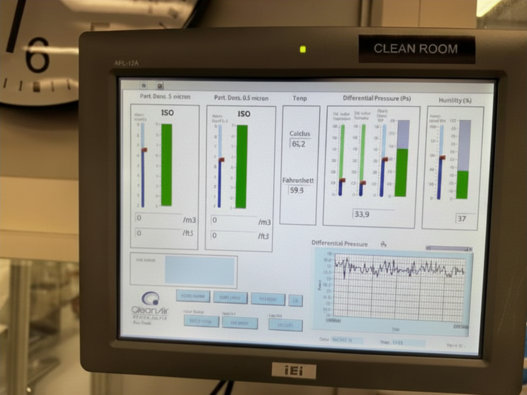 A cleanroom environmental monitoring interface tracking differential pressure, particle density, temperature, and humidity.