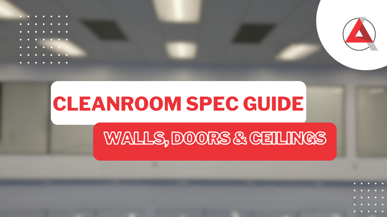 Cleanroom architectural specification guide thumbnail showing modular cleanroom wall panels, flush cGMP doors, and coving.