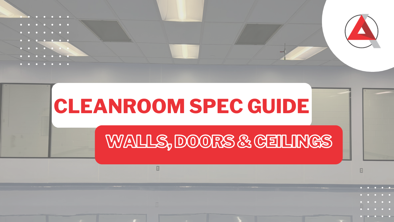 Cleanroom architectural specification guide thumbnail showing modular cleanroom wall panels, flush cGMP doors, and coving.