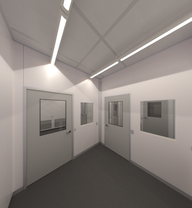 3D interior view of a cleanroom airlock entry corridor featuring interlocked swing doors