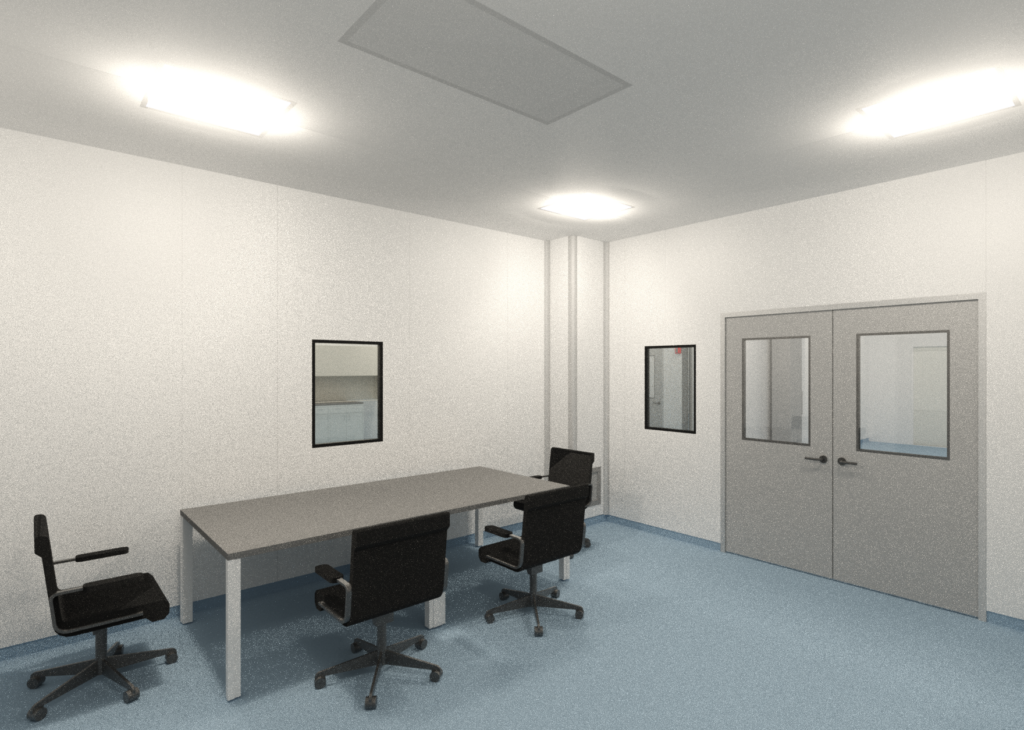 3D rendering of an active cleanroom suite showing flush double glazed windows aligned with cleanroom doors