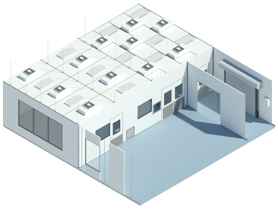 Isometric 3D BIM model view of an entire modular cleanroom facility envelope with integrated doors
