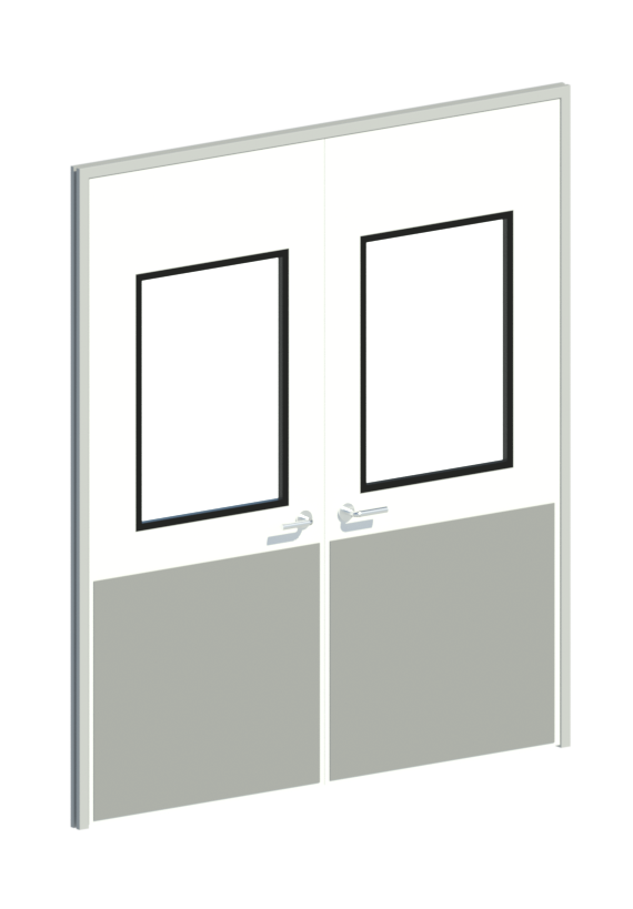 3D CAD model rendering of a double leaf flush cleanroom door system with vision panels