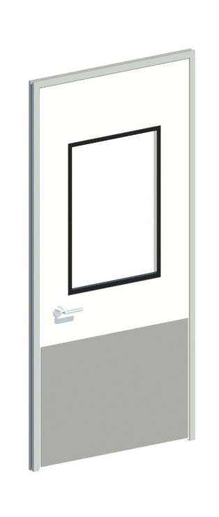 3D CAD model rendering of a narrow stile single cleanroom door leaf with large vision panel