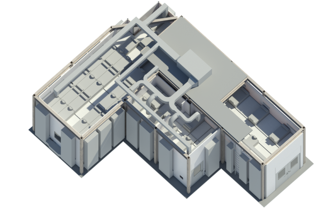 3D CAD BIM model showing ducted HVAC air distribution network over a modular cleanroom ceiling plenum