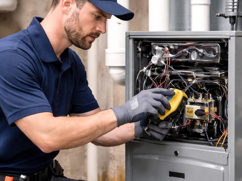 Technician servicing a residential furnace