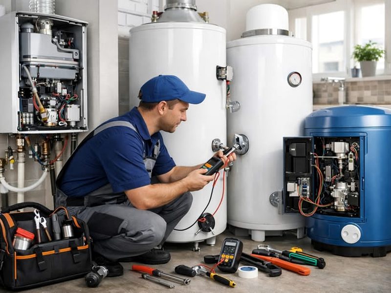 Tank water heater in a home utility room