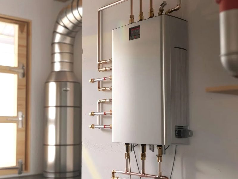 Tankless water heater on a utility room wall