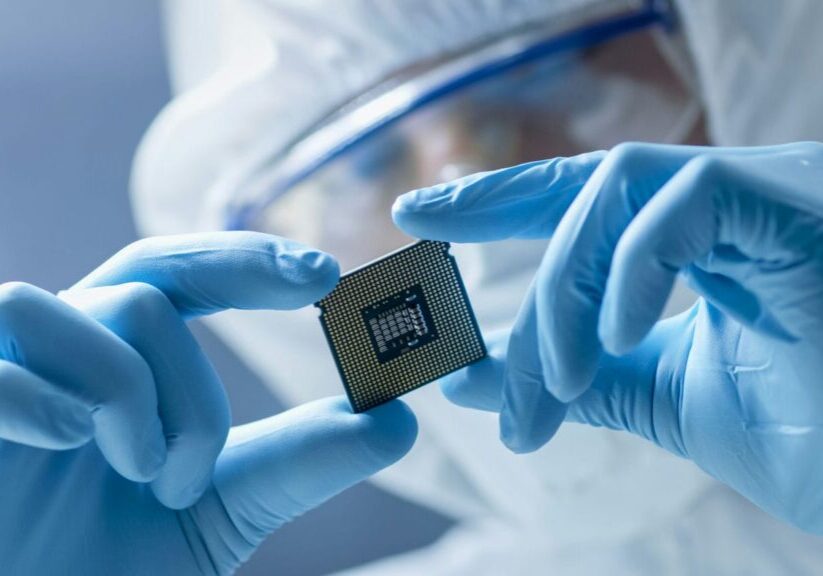 man working in sterile semiconductor cleanroom